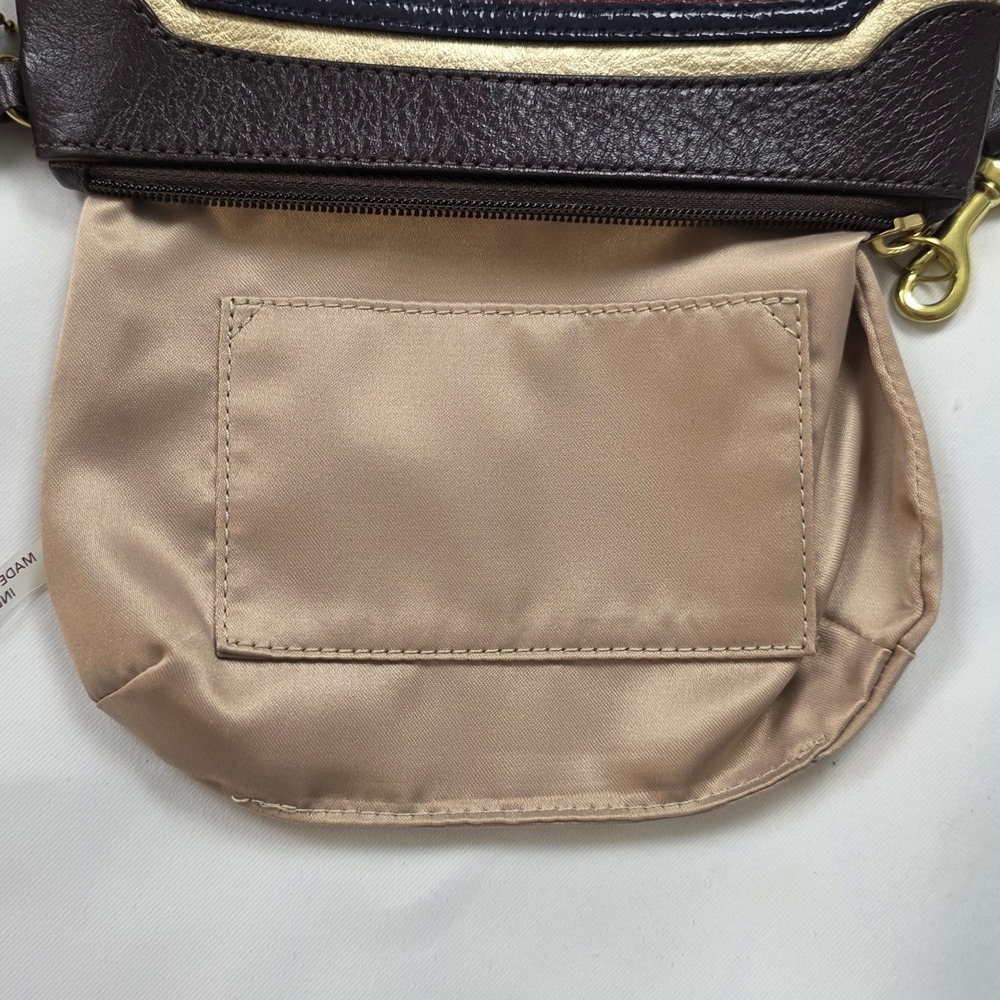 Coach Burgundy Brown Navy Gold Leather Colorblock Wristlet Pouch Zip Top Bag - Picture 8 of 9